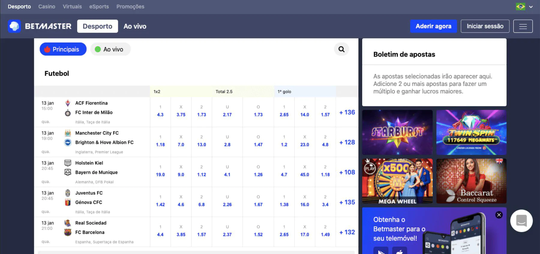 Apostas online e apostas ao vivo no Betmaster
